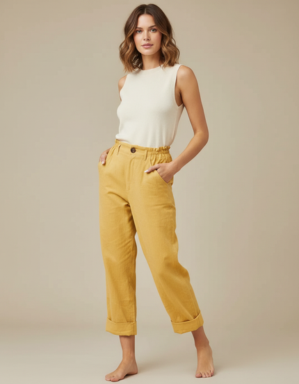 Pantalon Fluide Jaune Moutarde Coton Lin Ample Décontracté