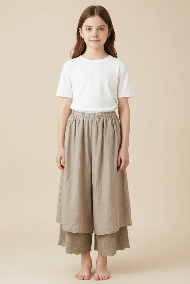 Pantalon Fluide Beige Brodé Ample Superposé Lin Coton