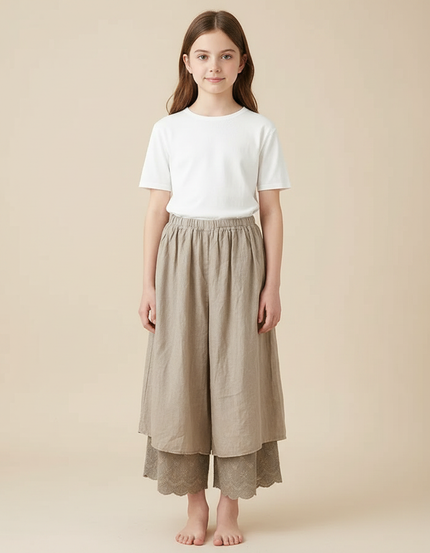 Pantalon Fluide Beige Brodé Ample Superposé Lin Coton