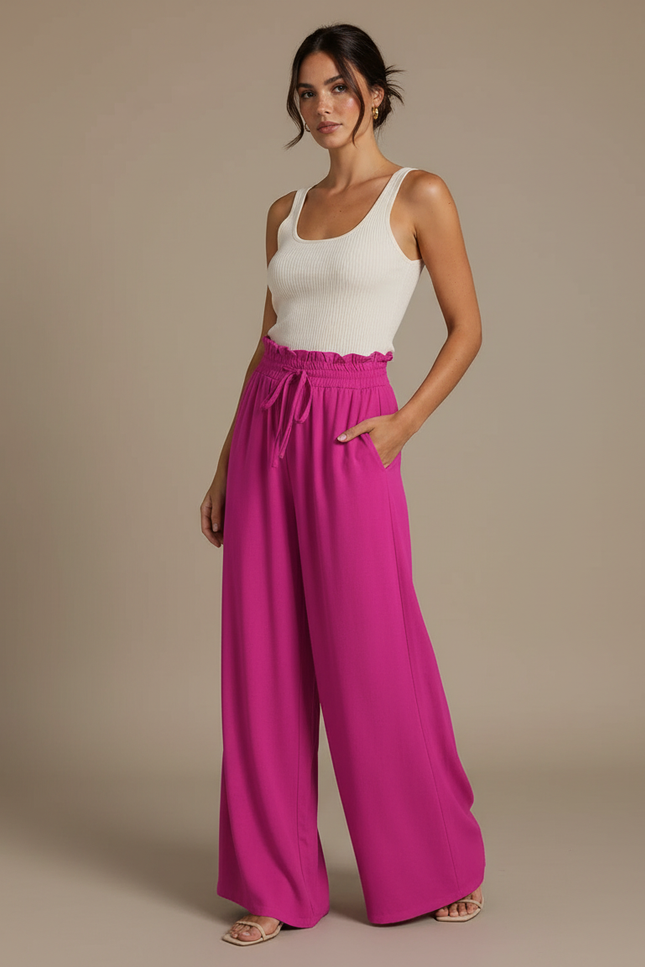 Pantalon Fluide Fuchsia Ample Taille Haute Cordon Décontracté - Rose Viscose