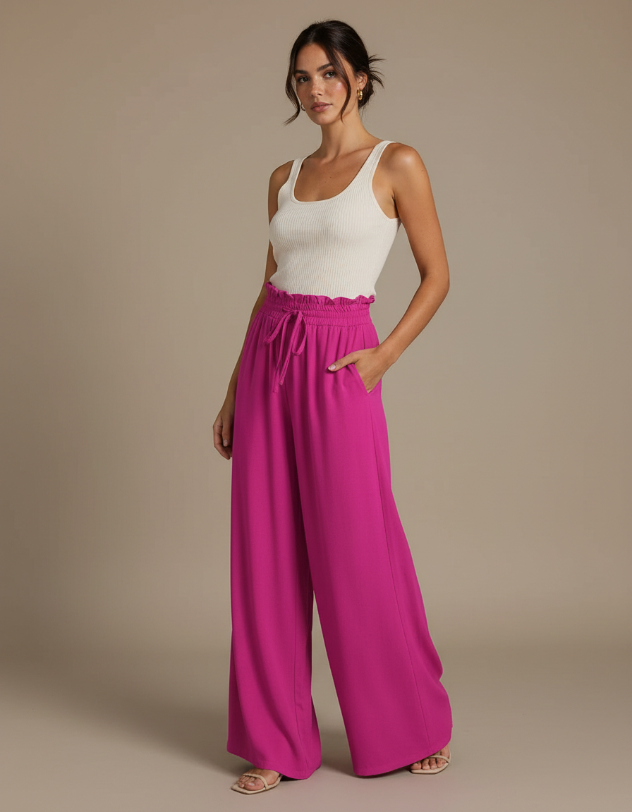 Pantalon Fluide Fuchsia Ample Taille Haute Cordon Décontracté - Rose Viscose