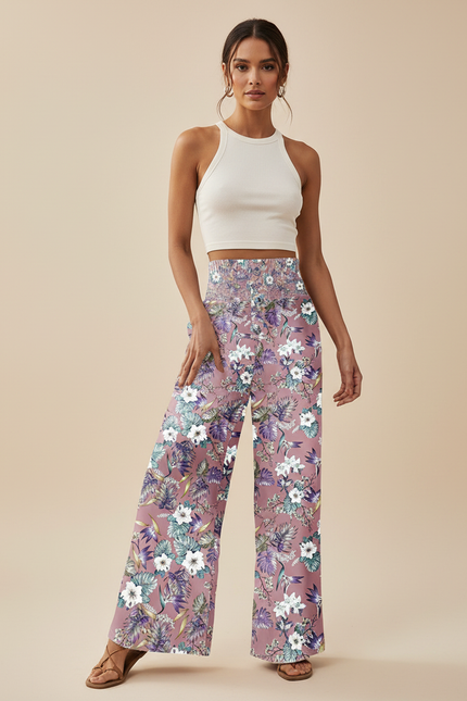 Pantalon Fluide Rose Floral Ample Bohème Femme - Viscose