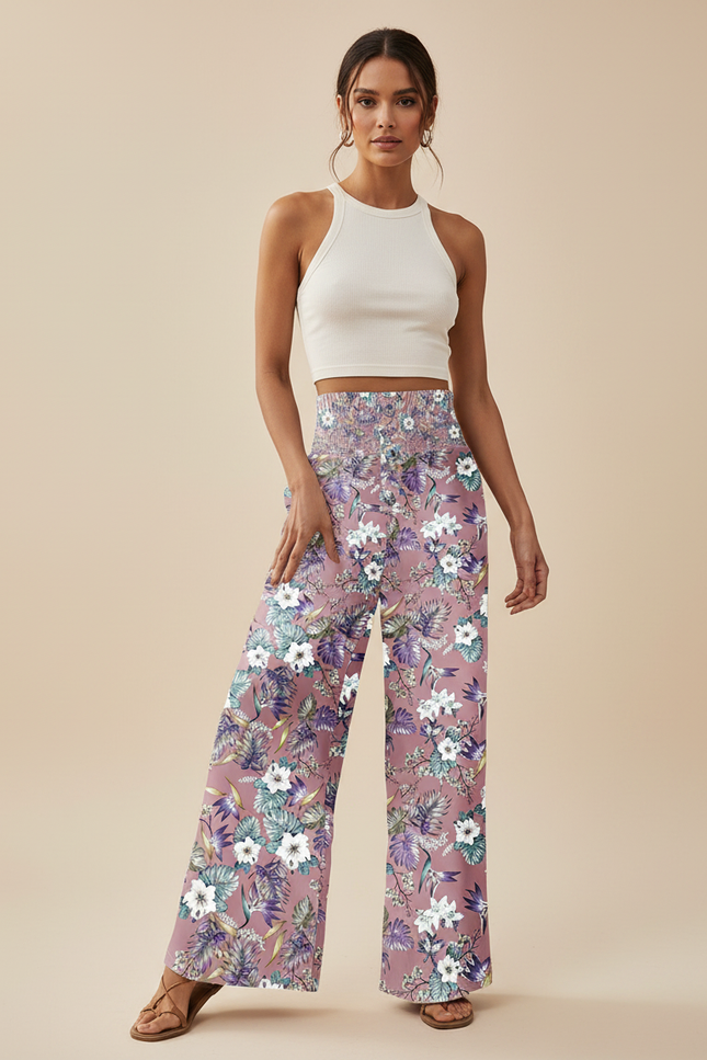Pantalon Fluide Rose Floral Ample Bohème Femme - Viscose