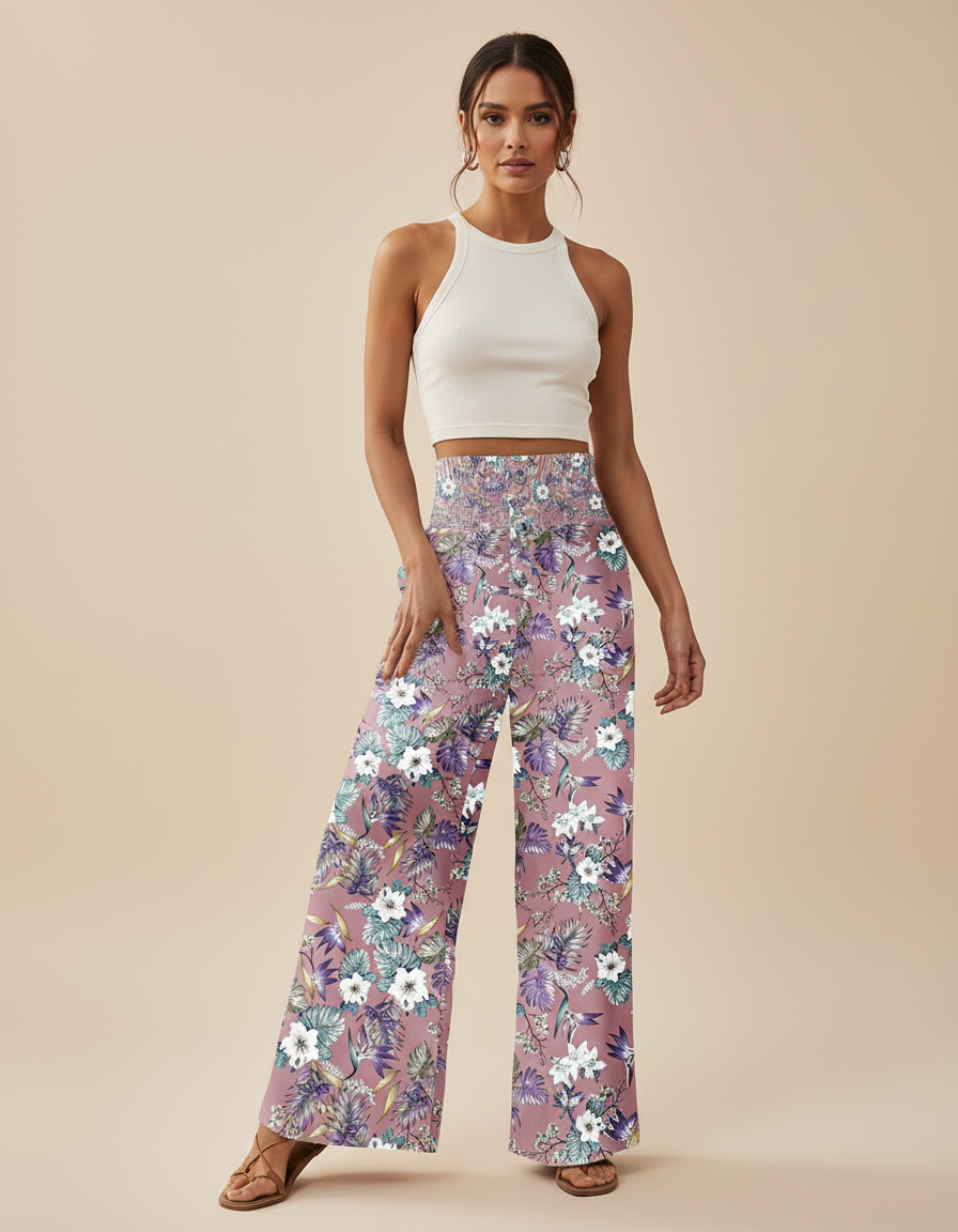 Pantalon Fluide Rose Floral Ample Bohème Femme - Viscose