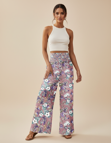 Pantalon Fluide Rose Floral Ample Bohème Femme - Viscose