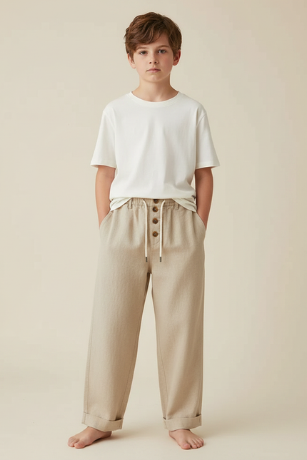 Pantalon Fluide Garçon Beige Coupe Ample Lin
