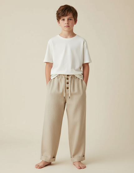 Pantalon Fluide Garçon Beige Coupe Ample Lin