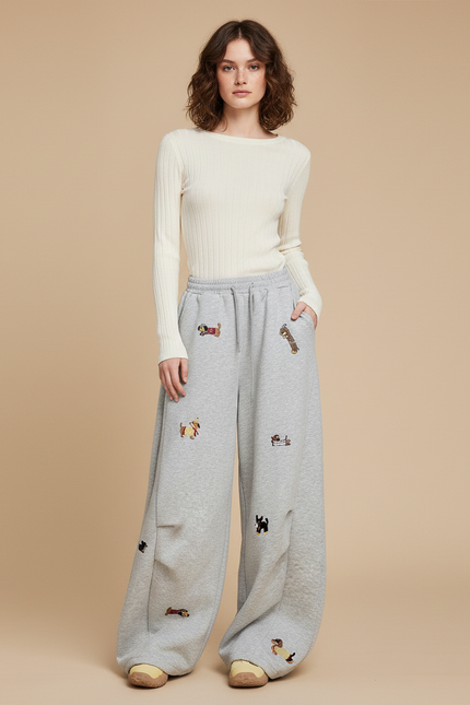 Pantalon Fluide Gris Brodé Chien Ample Décontracté - Molleton