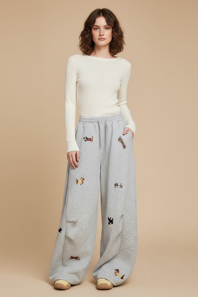 Pantalon Fluide Gris Brodé Chien Ample Décontracté - Molleton