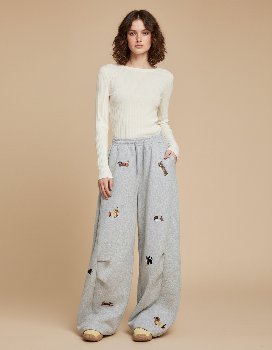 Pantalon Fluide Gris Brodé Chien Ample Décontracté - Molleton
