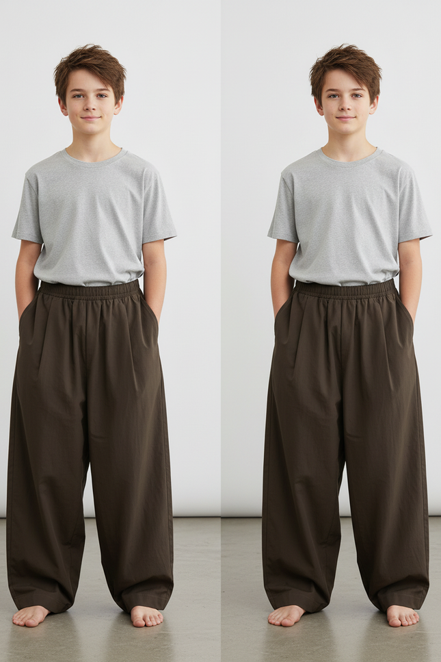 Pantalon Fluide Marron Ample Coton Décontracté Garçon