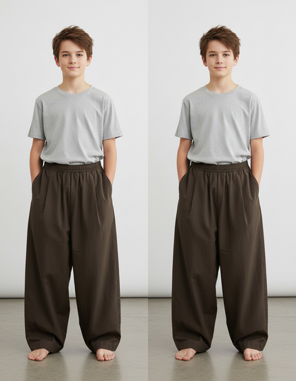 Pantalon Fluide Marron Ample Coton Décontracté Garçon