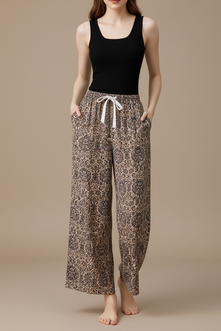 Pantalon Fluide Imprimé Floral Ample Beige Cordon - Viscose