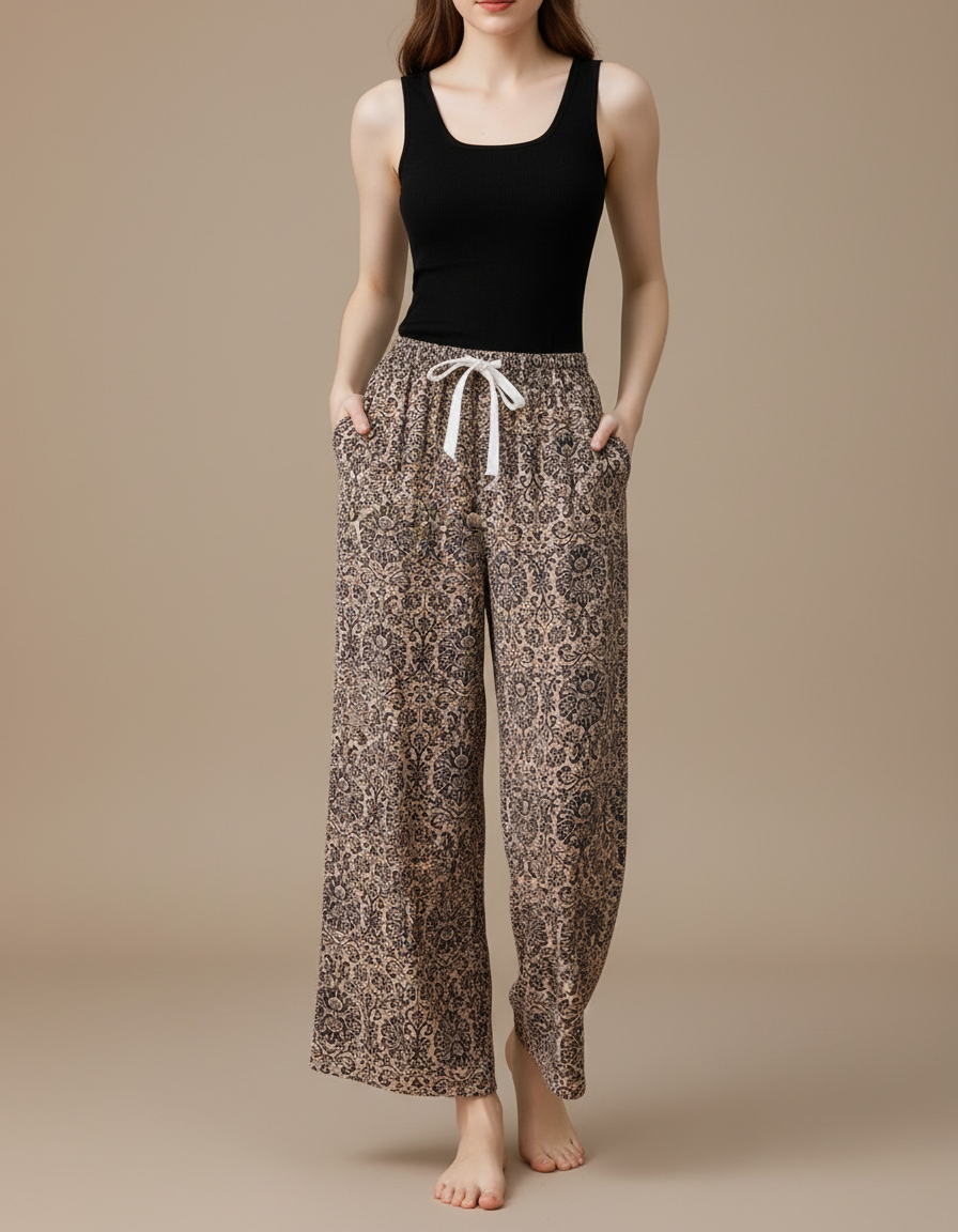 Pantalon Fluide Imprimé Floral Ample Beige Cordon - Viscose