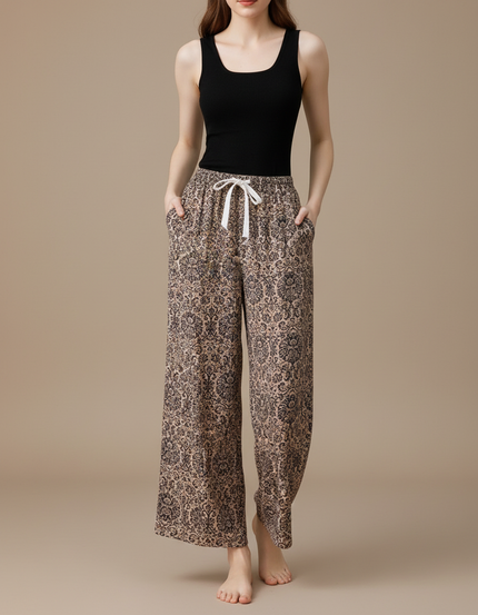 Pantalon Fluide Imprimé Floral Ample Beige Cordon - Viscose