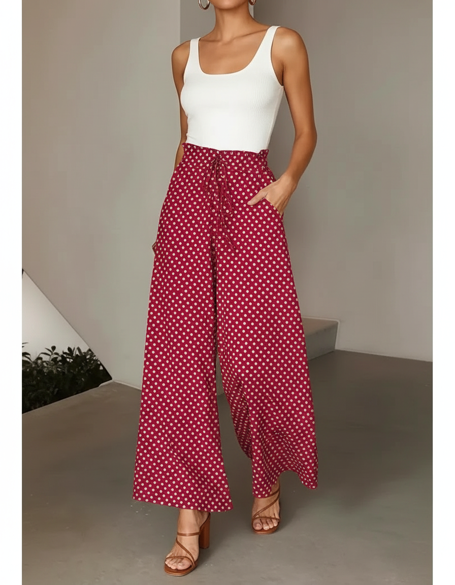 Pantalon Fluide Pois - Rouge Viscose
