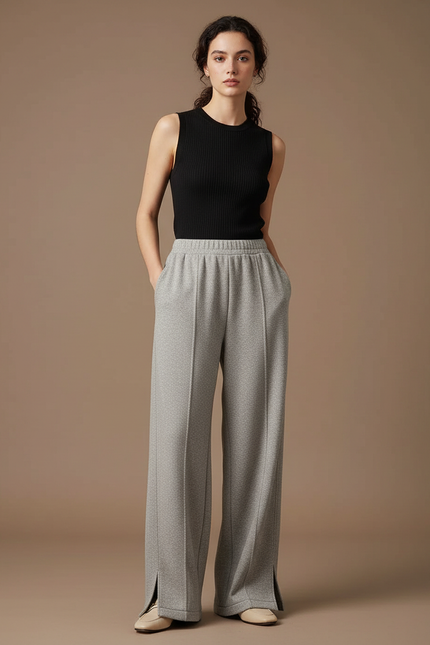 Pantalon Fluide Gris Ample Droit Fendu Décontracté - Molleton