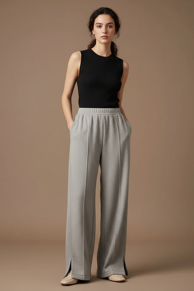 Pantalon Fluide Gris Ample Droit Fendu Décontracté - Molleton