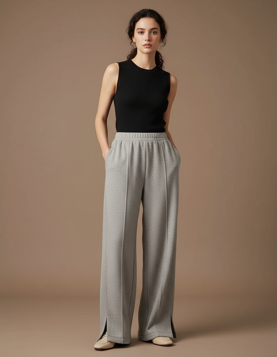Pantalon Fluide Gris Ample Droit Fendu Décontracté - Molleton