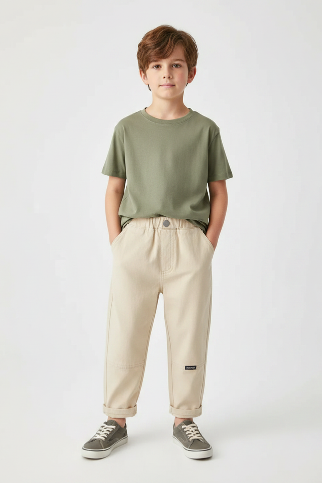 Pantalon Fluide Beige Coton Décontracté Garçon - Gabardine