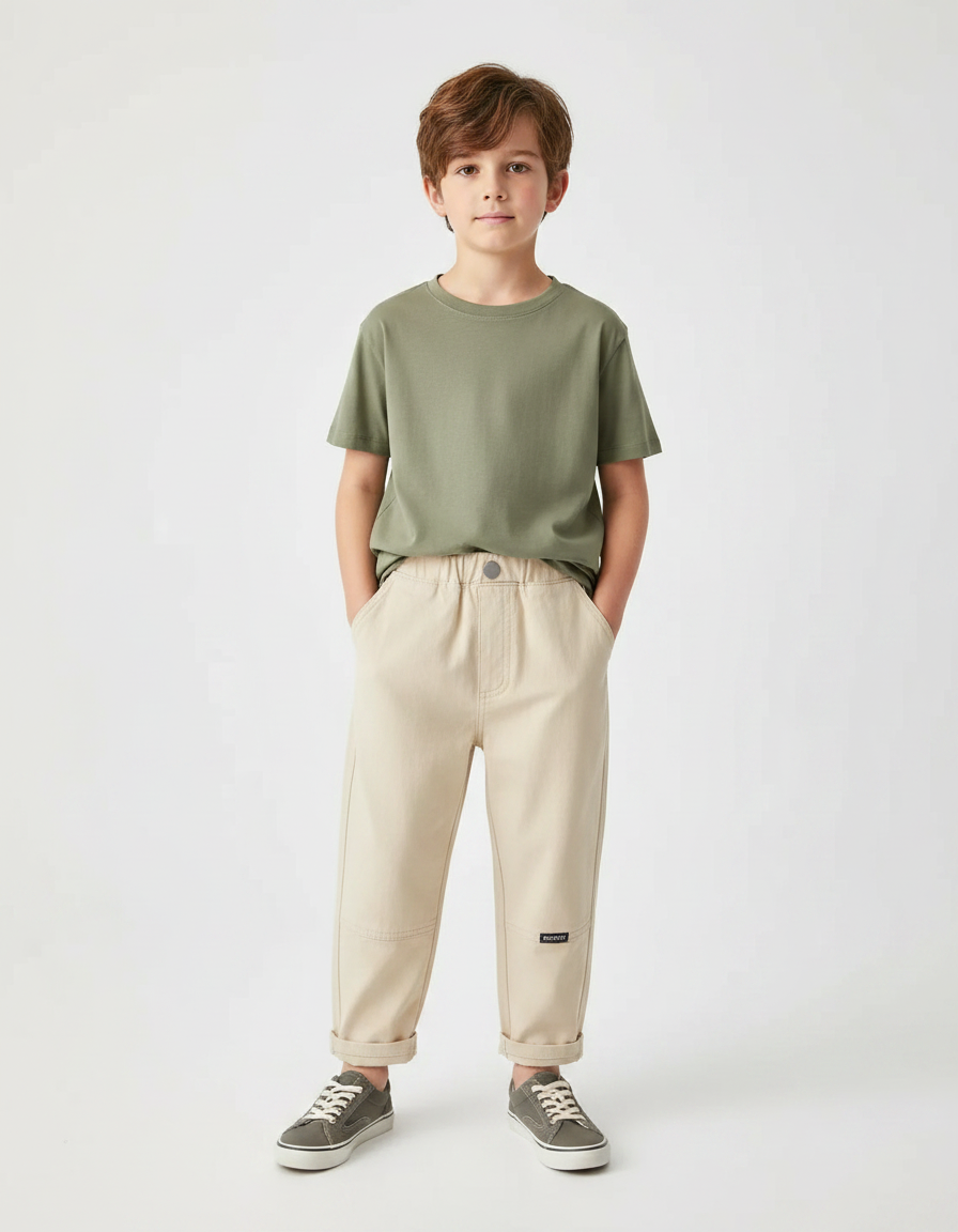 Pantalon Fluide Beige Coton Décontracté Garçon - Gabardine