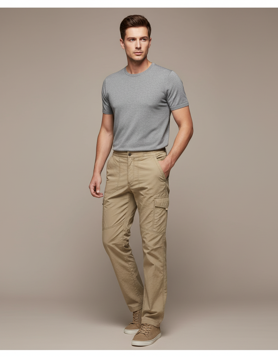 Pantalon Fluide Cargo Kaki Décontracté Homme Coton