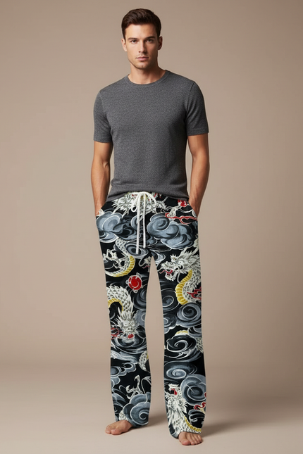 Pantalon Fluide Noir Dragon Ample Décontracté Homme - Imprimé Viscose