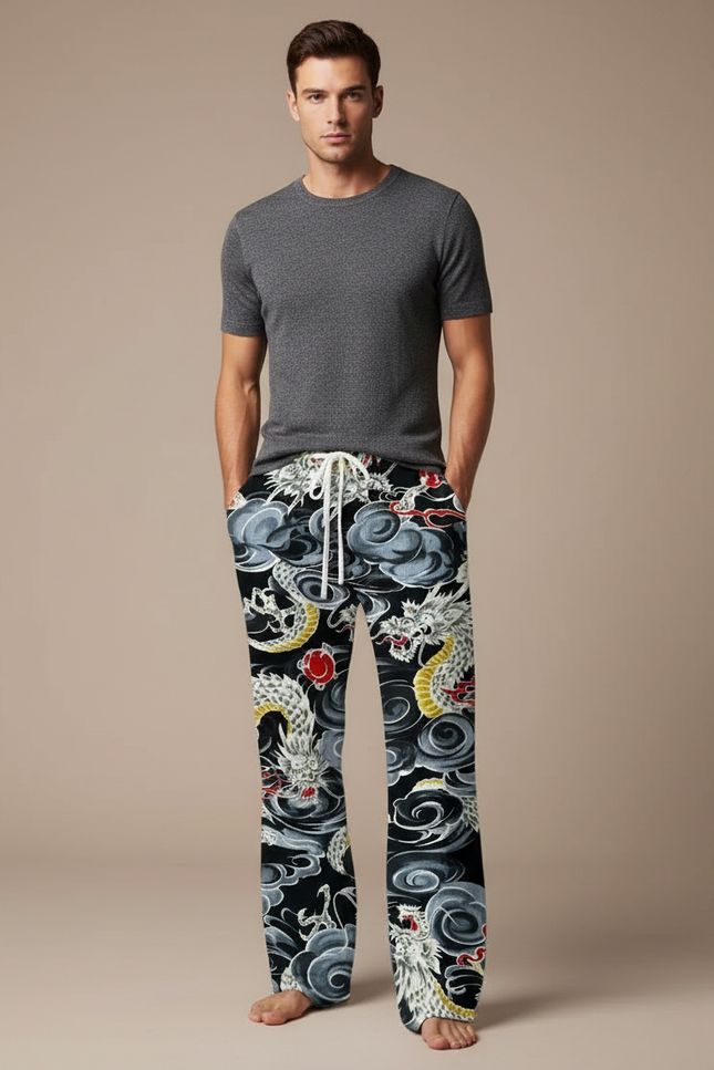 Pantalon Fluide Noir Dragon Ample Décontracté Homme - Imprimé Viscose