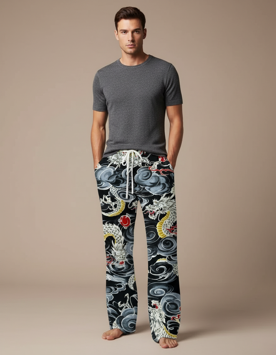 Pantalon Fluide Noir Dragon Ample Décontracté Homme - Imprimé Viscose