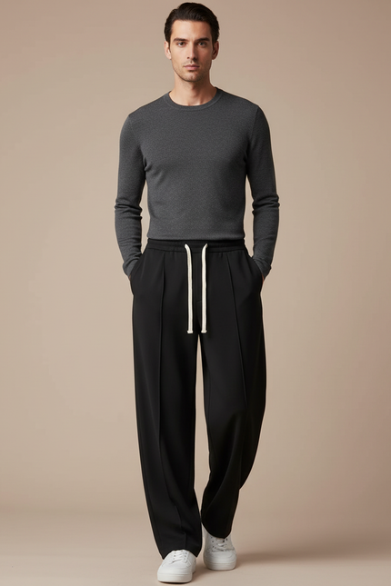 Pantalon Fluide Noir Ample Cordon Décontracté Homme - Polyester