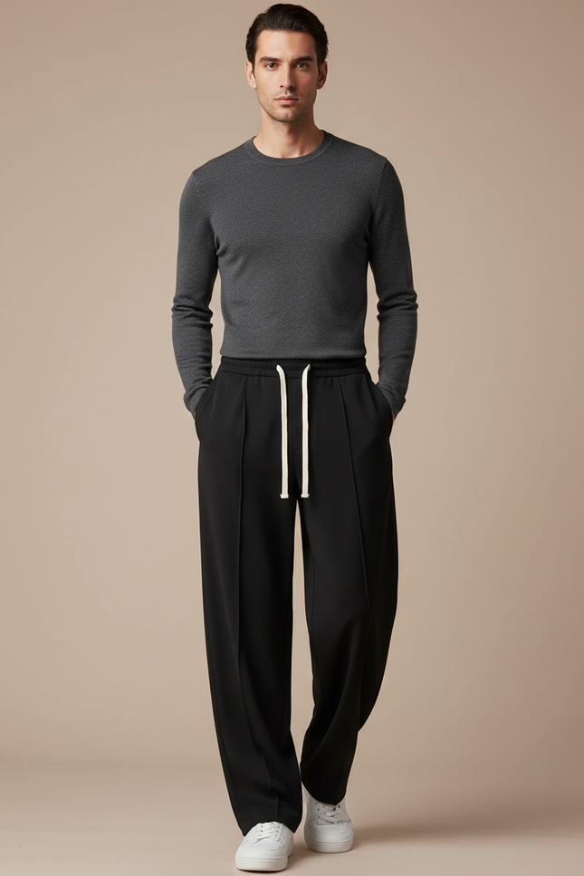 Pantalon Fluide Noir Ample Cordon Décontracté Homme - Polyester