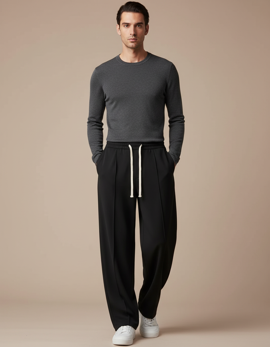 Pantalon Fluide Noir Ample Cordon Décontracté Homme - Polyester