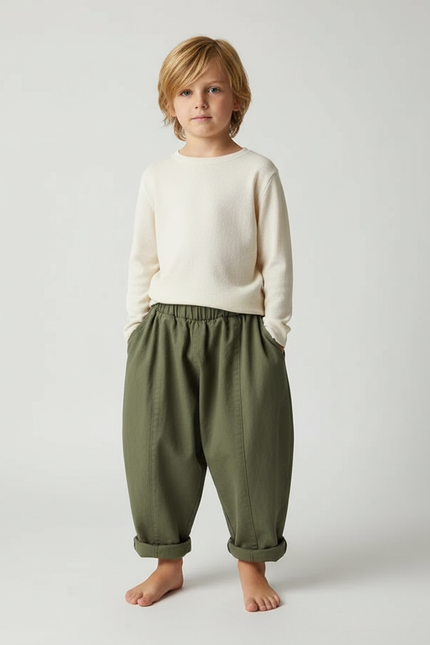 Pantalon Fluide Vert Ample Décontracté Enfant Coton - Kaki