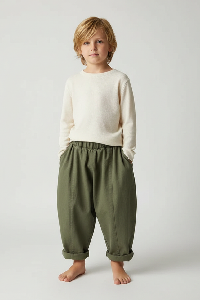 Pantalon Fluide Vert Ample Décontracté Enfant Coton - Kaki