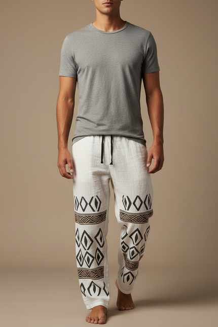 Pantalon Fluide Blanc Ethnique Tribal Ample Lin Homme