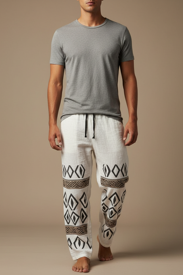 Pantalon Fluide Blanc Ethnique Tribal Ample Lin Homme
