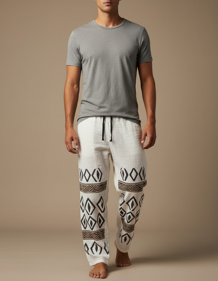 Pantalon Fluide Blanc Ethnique Tribal Ample Lin Homme