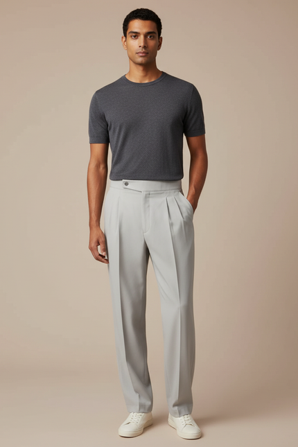 Pantalon Fluide Gris Clair Plissé Décontracté Homme - Gabardine