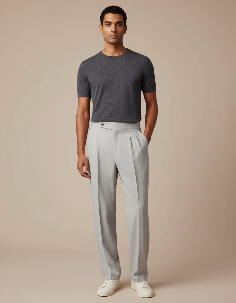 Pantalon Fluide Gris Clair Plissé Décontracté Homme - Gabardine
