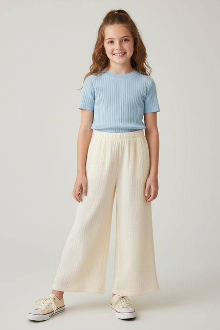 Pantalon Fluide Beige Côtelé Ample Décontracté Enfant - Maille