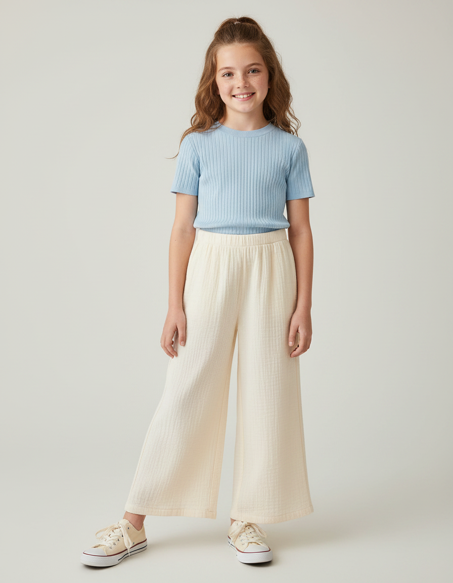 Pantalon Fluide Beige Côtelé Ample Décontracté Enfant - Maille