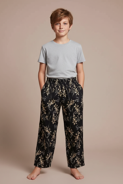 Pantalon Fluide Noir Floral Ample Confortable Décontracté - Viscose