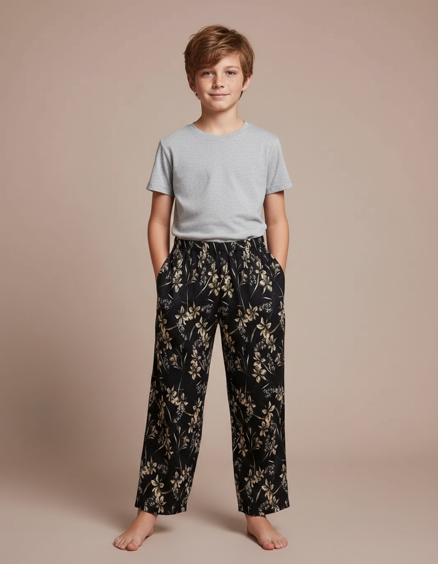 Pantalon Fluide Noir Floral Ample Confortable Décontracté - Viscose