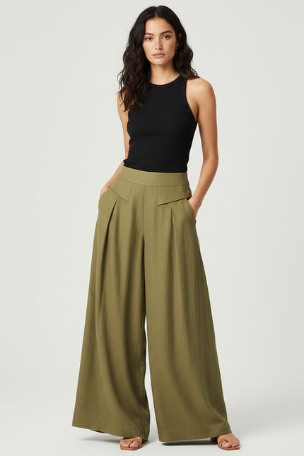 Pantalon Fluide Kaki Ample Lin Plissé Décontracté