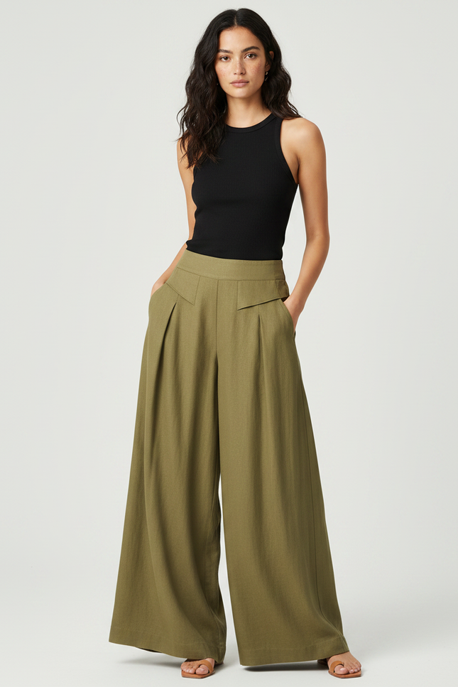 Pantalon Fluide Kaki Ample Lin Plissé Décontracté