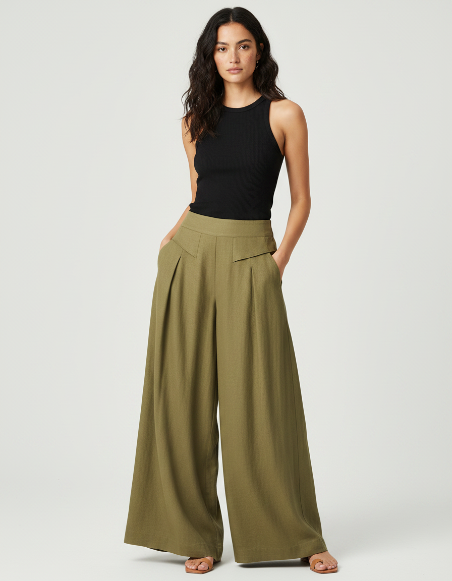 Pantalon Fluide Kaki Ample Lin Plissé Décontracté