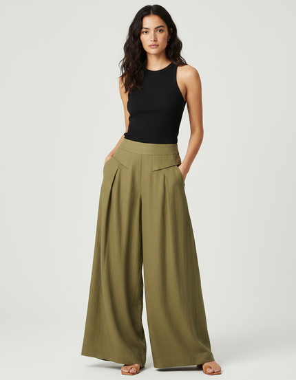 Pantalon Fluide Kaki Ample Lin Plissé Décontracté