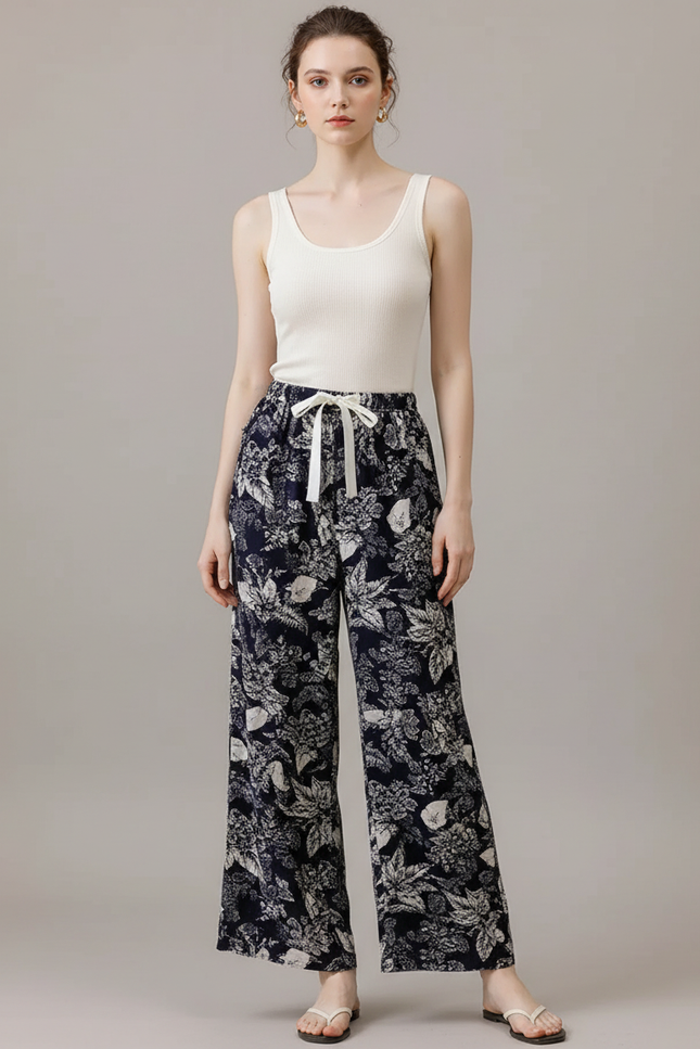 Pantalon Fluide Imprimé Floral Bleu Marine Ample Cordon - Viscose