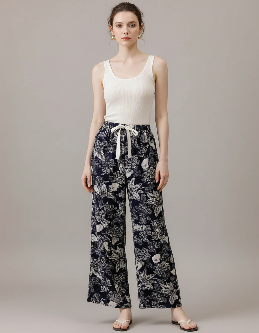 Pantalon Fluide Imprimé Floral Bleu Marine Ample Cordon - Viscose