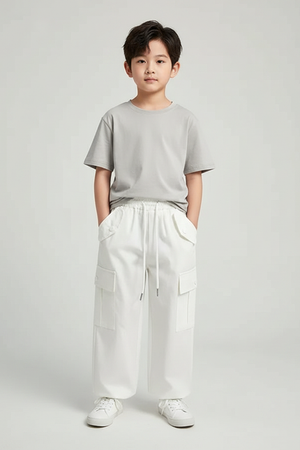 Pantalon Fluide Cargo Blanc Coton Ample Décontracté Enfant